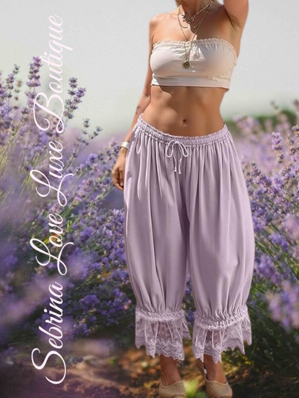 Romantic Victorian Inspired Lavender Lace-Trim Bloomer Boho Harem Pants